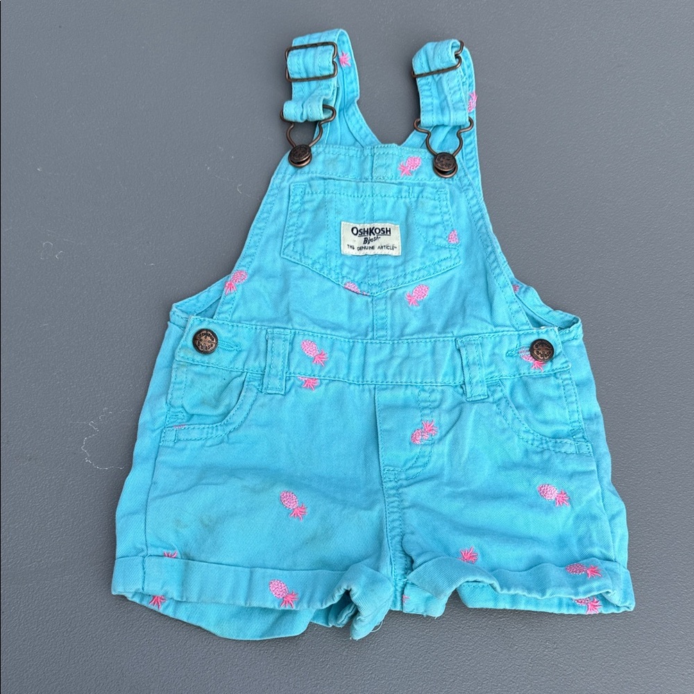 🍄9m vintage OshKosh B'gosh Teal Overalls with neon Pink pineapple Embroidery
